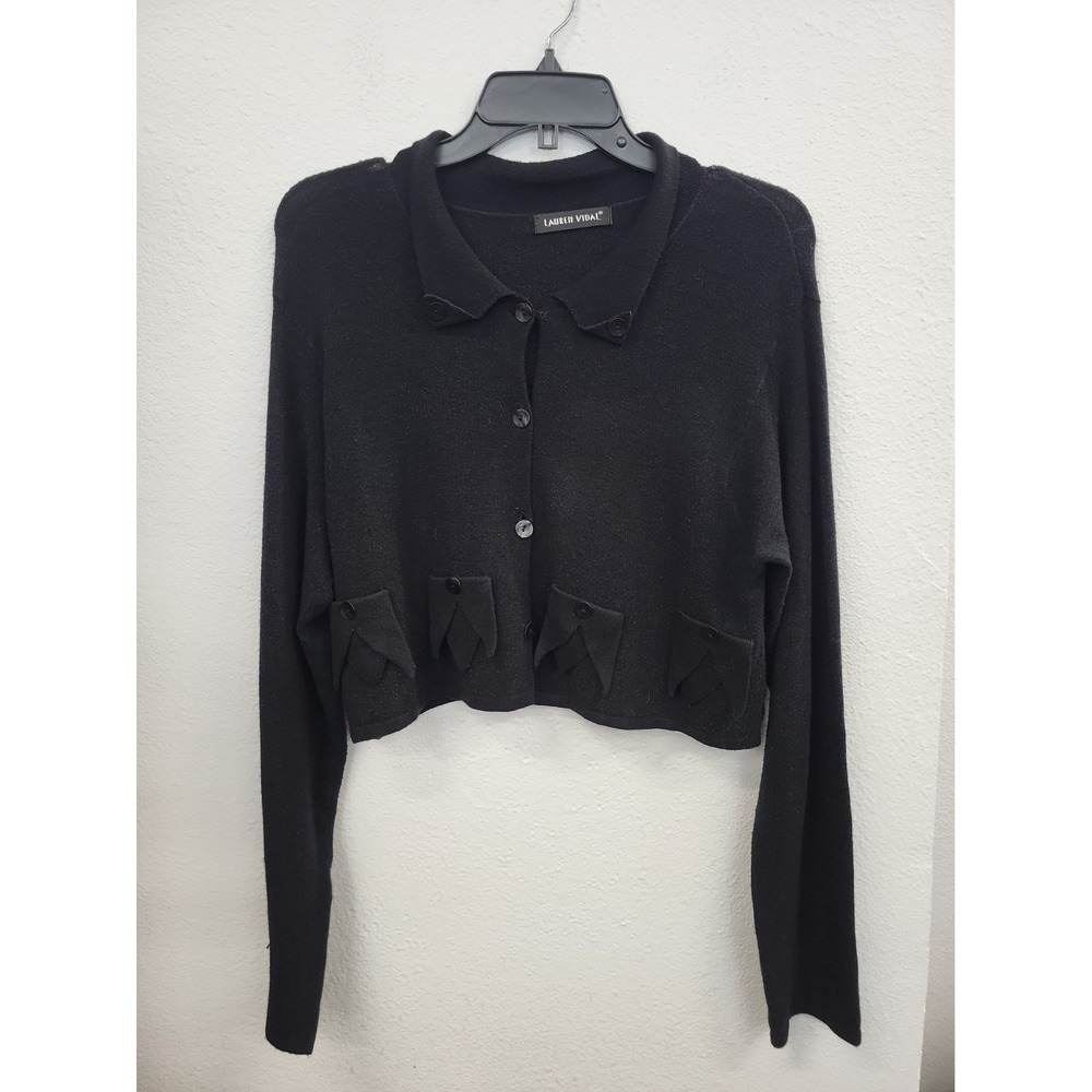 Vintage Lauren Vidal Button Front Knit Cardigan, Texture Black, Size M